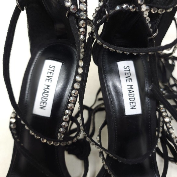 Steve Madden Sandal Heels Justyne Black Glass Rhinestone Tie Up Gladiator 7 - Picture 8 of 10